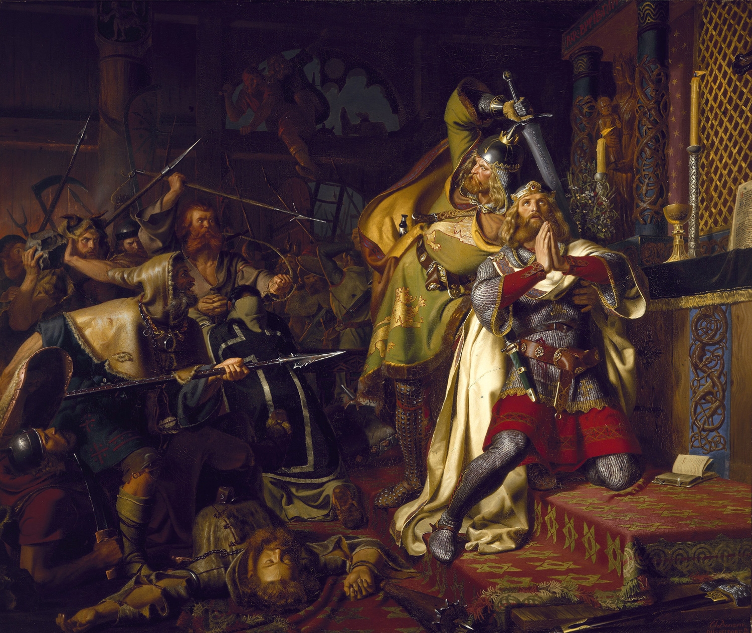 Knut den helliges død illustrert på et maleri av Christian Albrecht von Benzon.